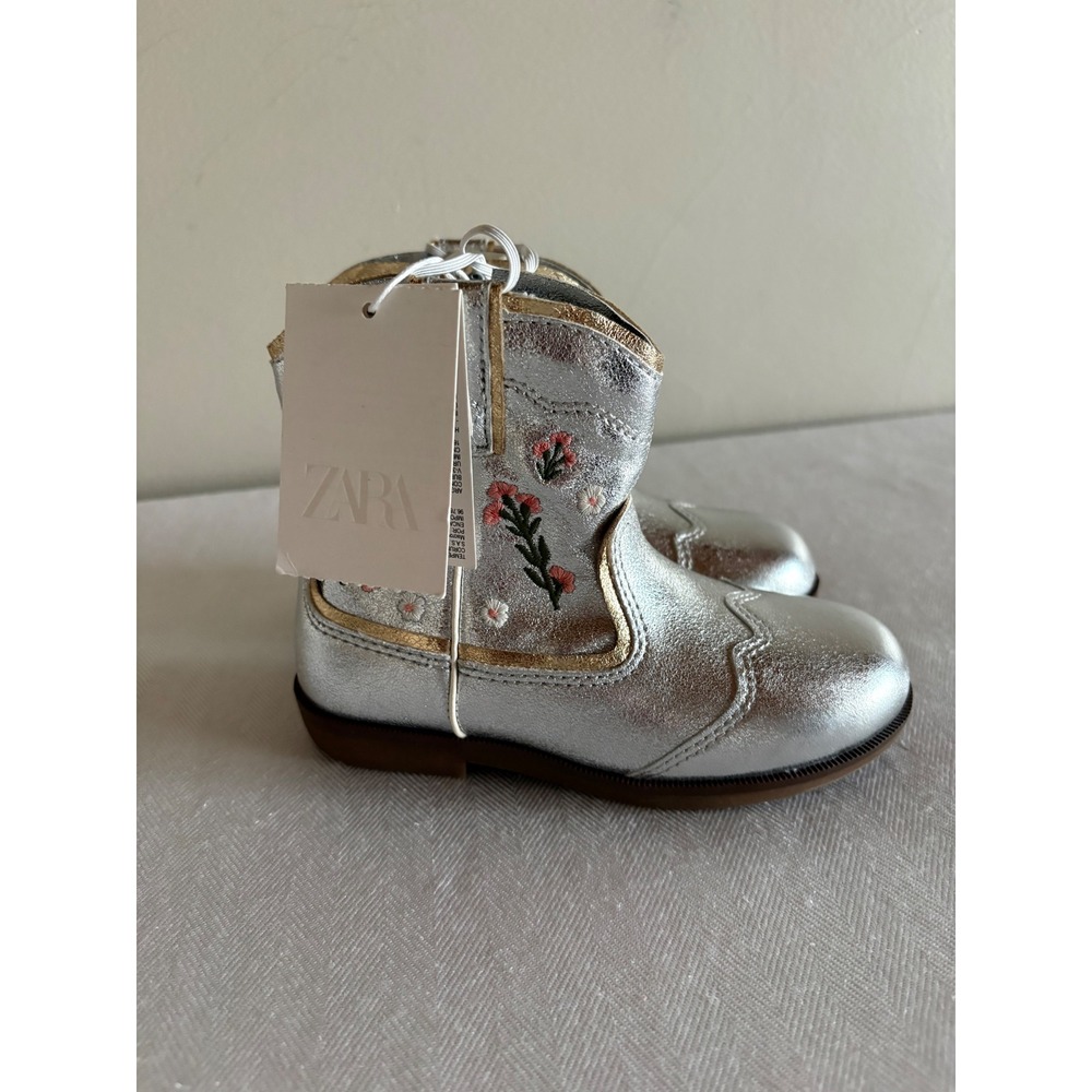 Zara Kids Silver Metallic Embroidered Cowboy Boots Toddler Size 9.5 EU 26 NEW